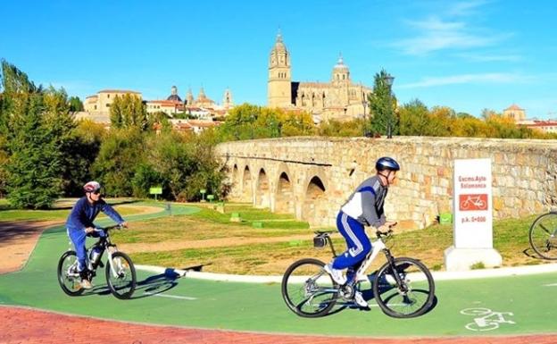Varios ciclistas circulan por el carril bici de Salamanca. 