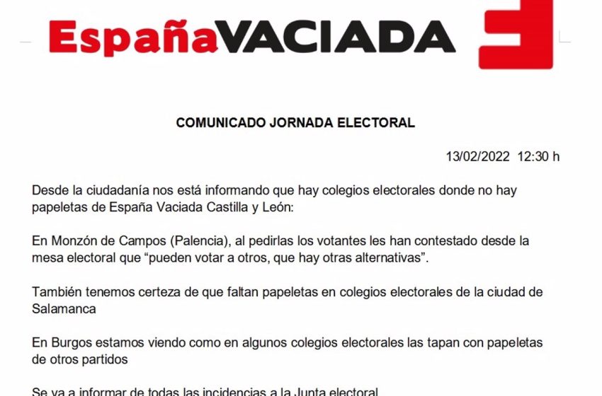  España Vaciada denuncia que no hay papeletas en colegios electorales de Palencia, Salamanca y Burgos