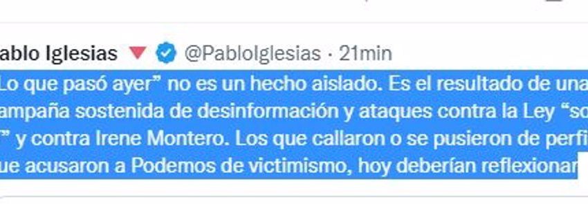  Pablo Iglesias dice que el ataque a Montero de Vox «no es aislado» y pide reflexionar a los «que se pusieron de perfil»