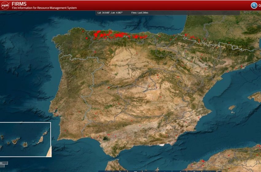  Mapa de los incendios activos en Asturias y el resto de España