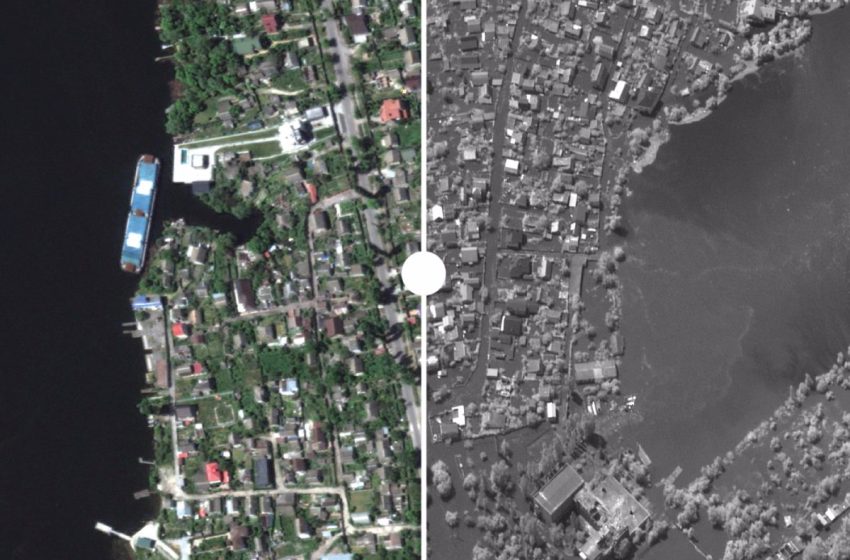  Imágenes de satélite muestran la destrucción de la presa en el río Dniéper (Ucrania), antes y después