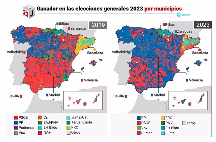  Mapa de resultado de las elecciones generales 2023, quien ha ganado municipio a municipio