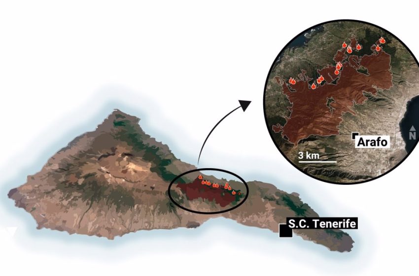  Este mapa muestra la extensión del incendio de Tenerife tras una semana activo